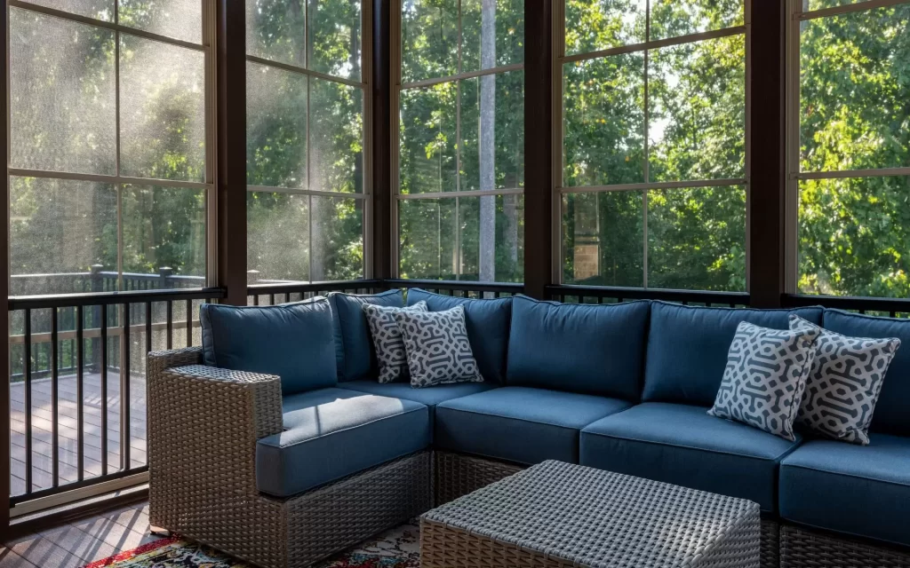 Outdoor sunroom with large windows and cozy blue sectional sofa, perfect for relaxing and enjoying scenic views.