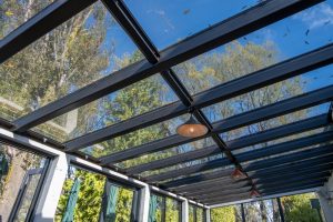 A glass roof with black metal frames provides a clear view of the blue sky and tall trees outside, letting natural light fill the indoor space—a perfect choice for sunroom construction in Nassau or Suffolk.